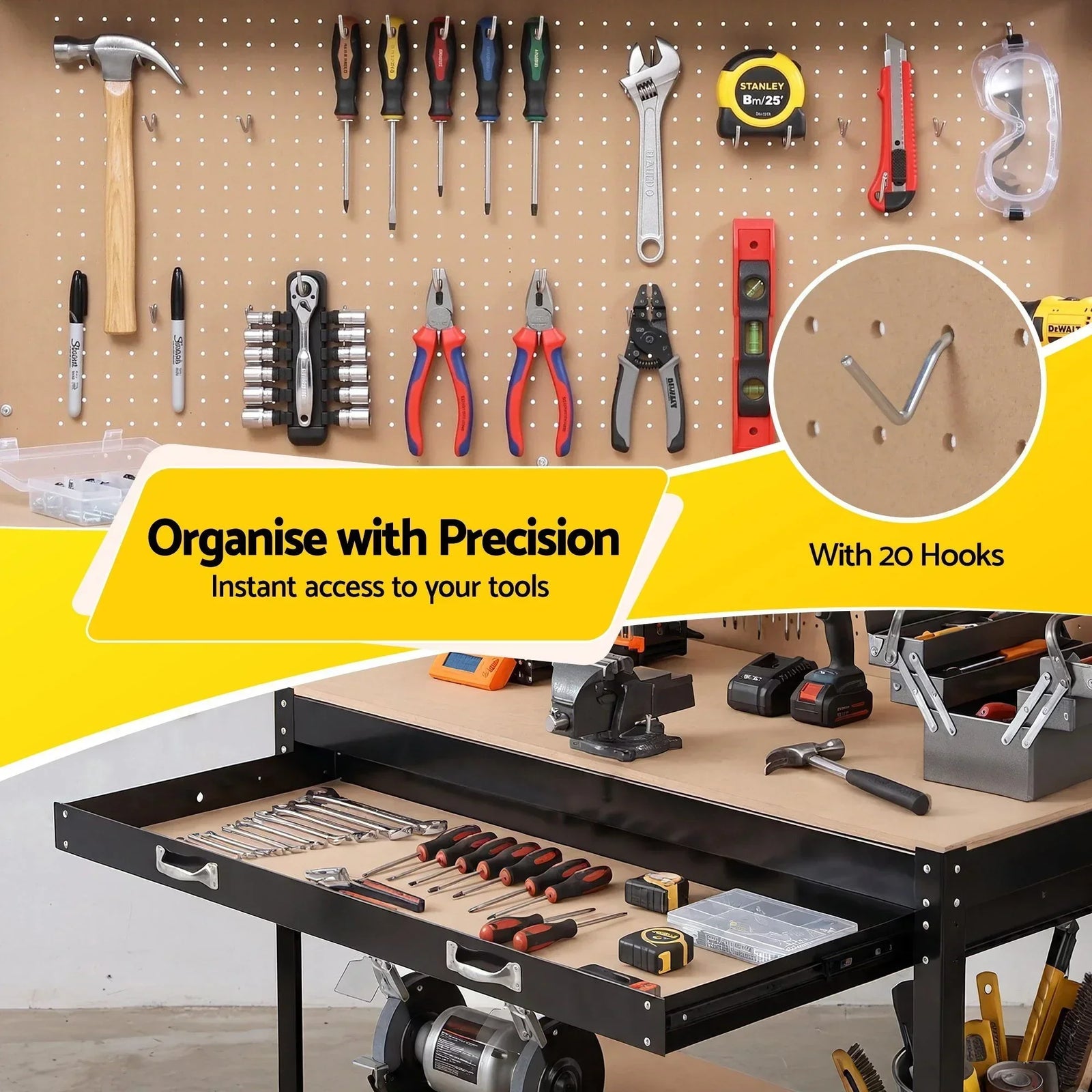 Workbench with Pegboard and Ultra-Wide 120cm Work Table for Garage DIY, 20 Hooks