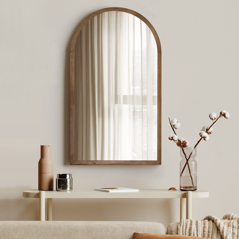 Arched Wall Mirror – Paulownia Wood Frame, 86×50cm, Brown (Set of 2)
