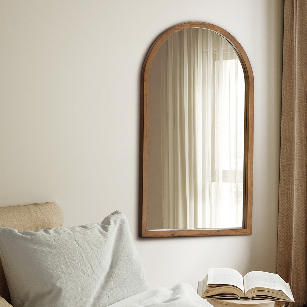Arched Wall Mirror – Paulownia Wood Frame, 86×50cm, Brown (Set of 2)
