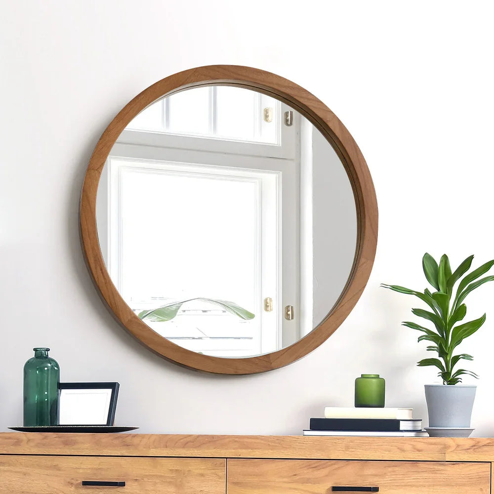Wall Mirrors 50cm Round Makeup Mirror Vanity Decor Walnut