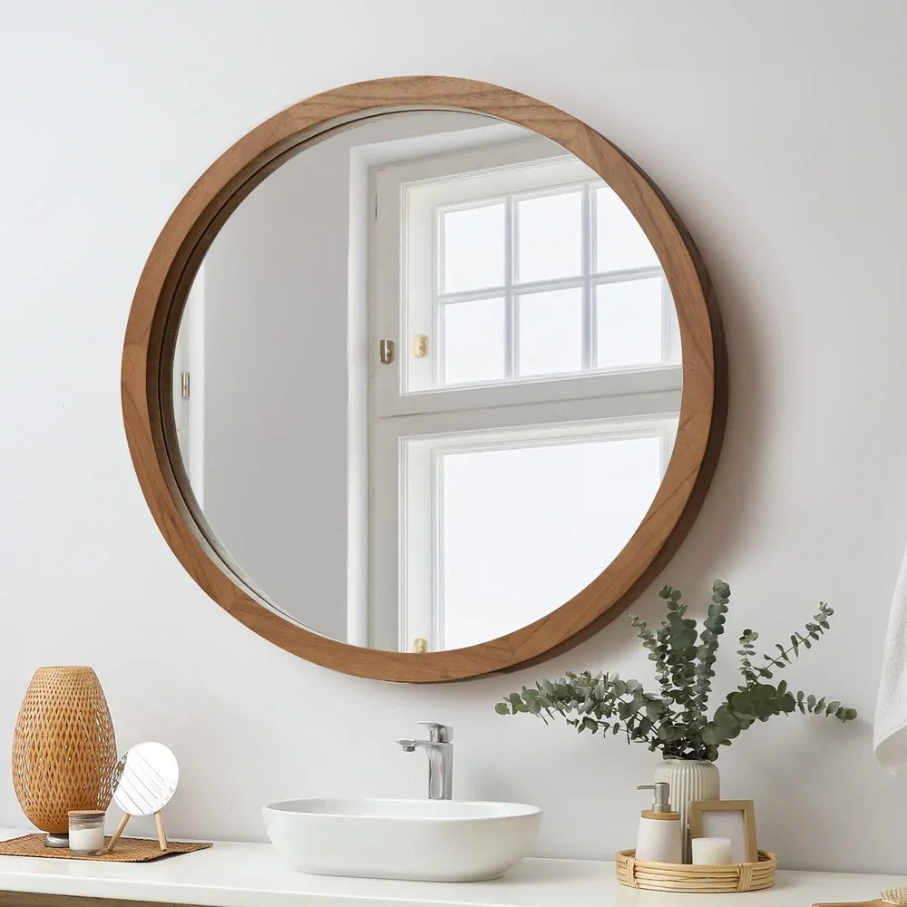 Wall Mirrors 80cm Round Makeup Mirror Decor Bathroom Walnut