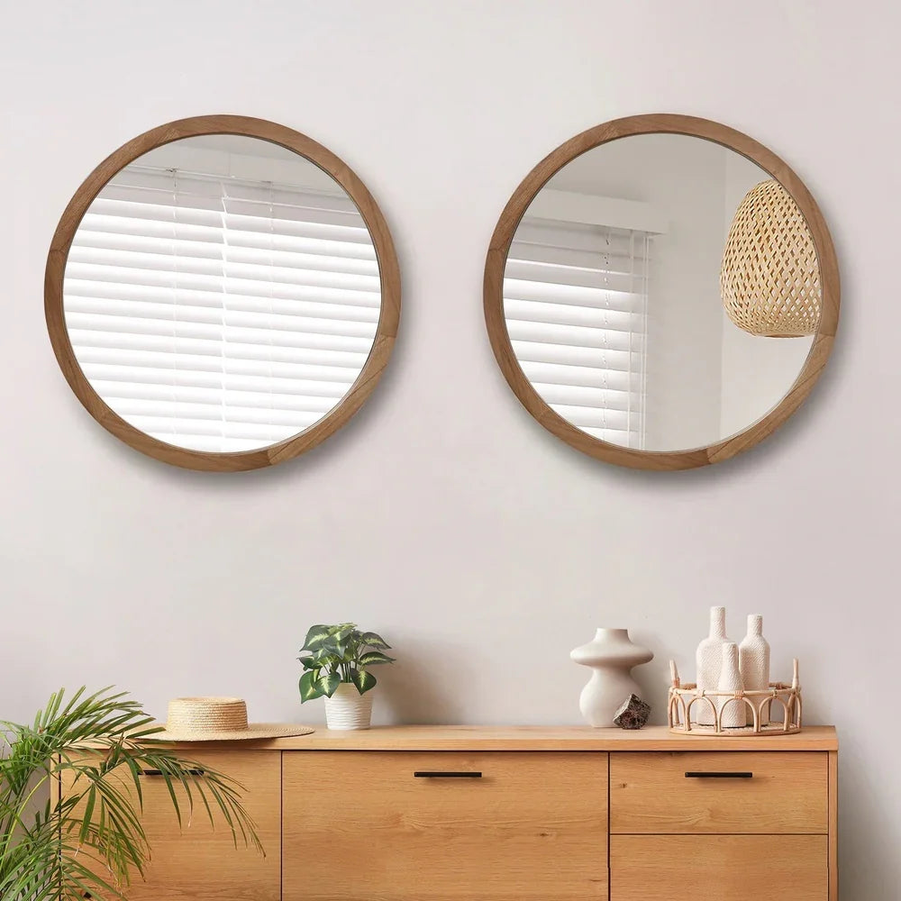 Wall Mirrors Round Home Decor 80cm Walnut Set of 2