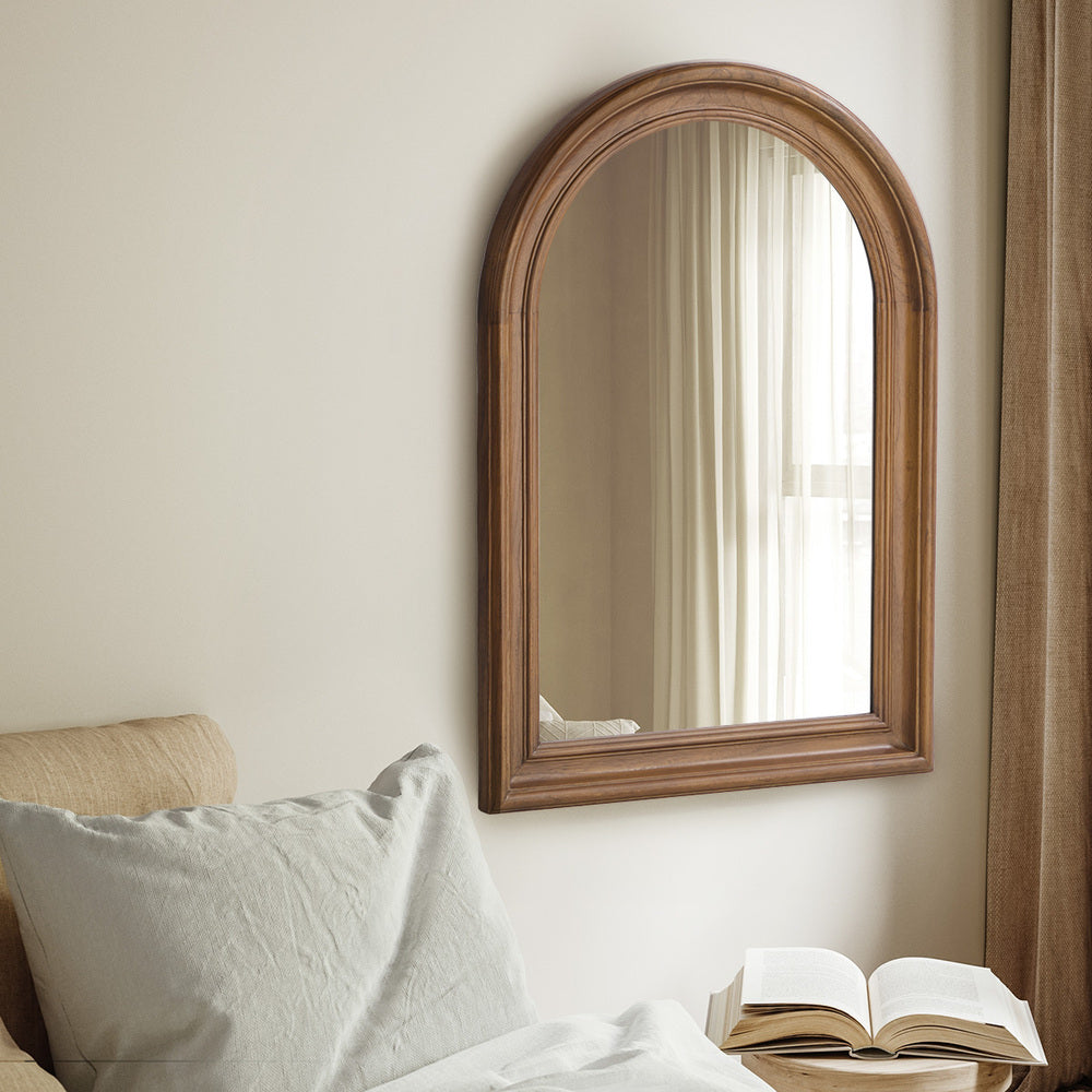 Oikiture Arched Wall Mirror Wide Frame 85x60cm Walnut