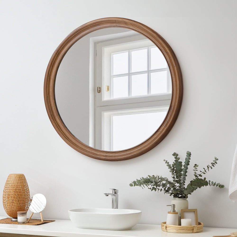 Oikiture 2 Pack Round Wall Mirrors 70cm Walnut Wide Wooden Frame Circle Decor