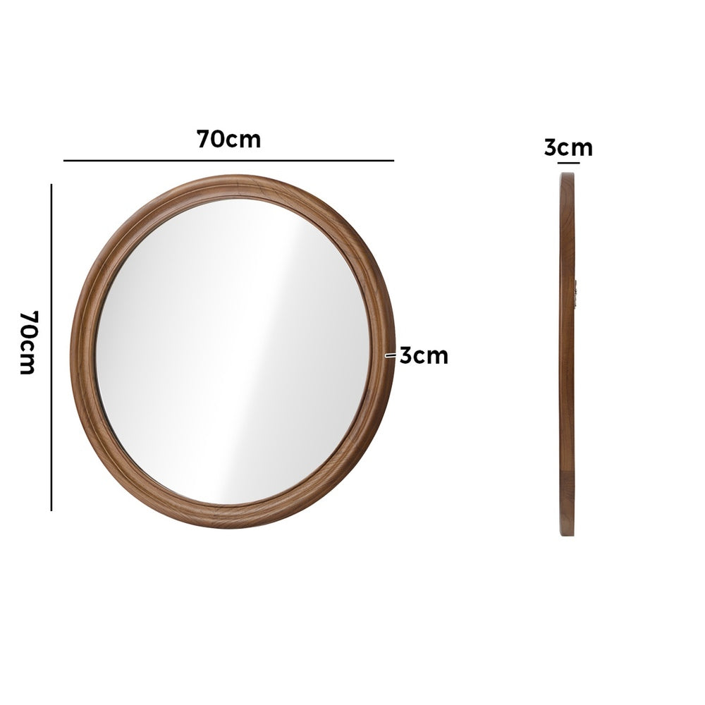 Oikiture 2 Pack Round Wall Mirrors 70cm Walnut Wide Wooden Frame Circle Decor