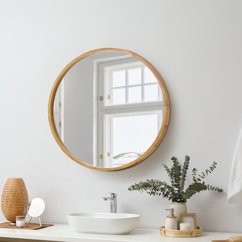 Wall Mounted Mirror with Wood Frame 50cm Round