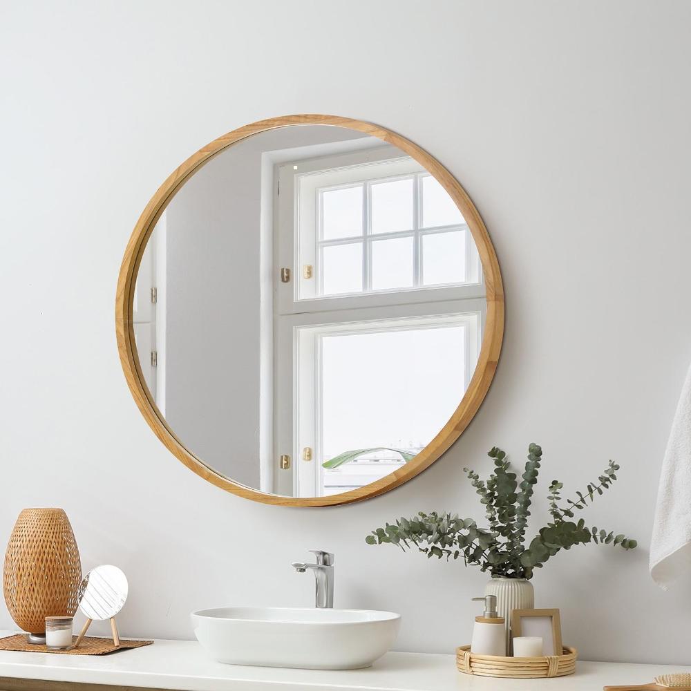 Wall Mounted Mirror with Wood Frame 60cm Round