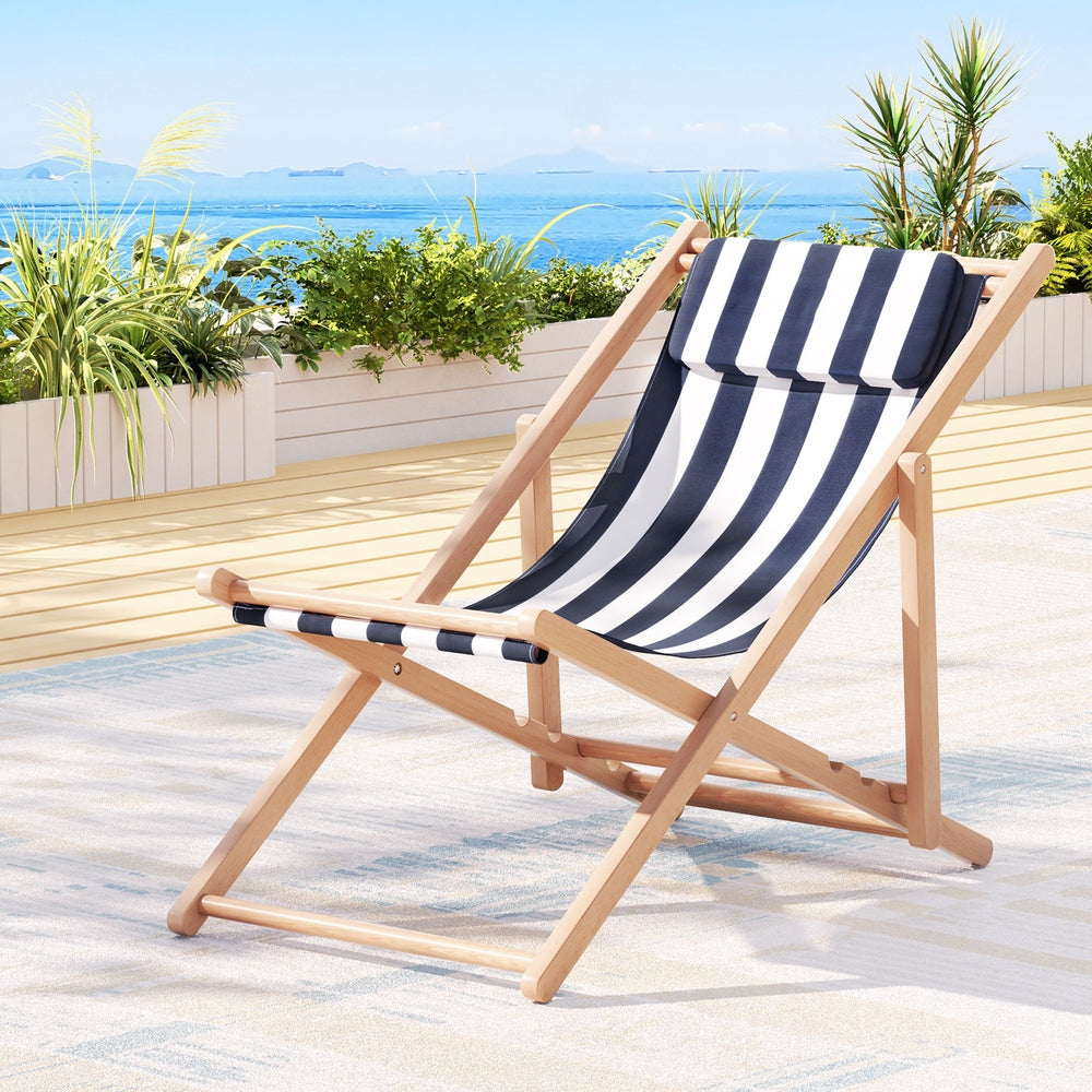 Gardeon Outdoor Deck Chair Wooden Sun Lounge Folding Beach Patio Furniture Blue