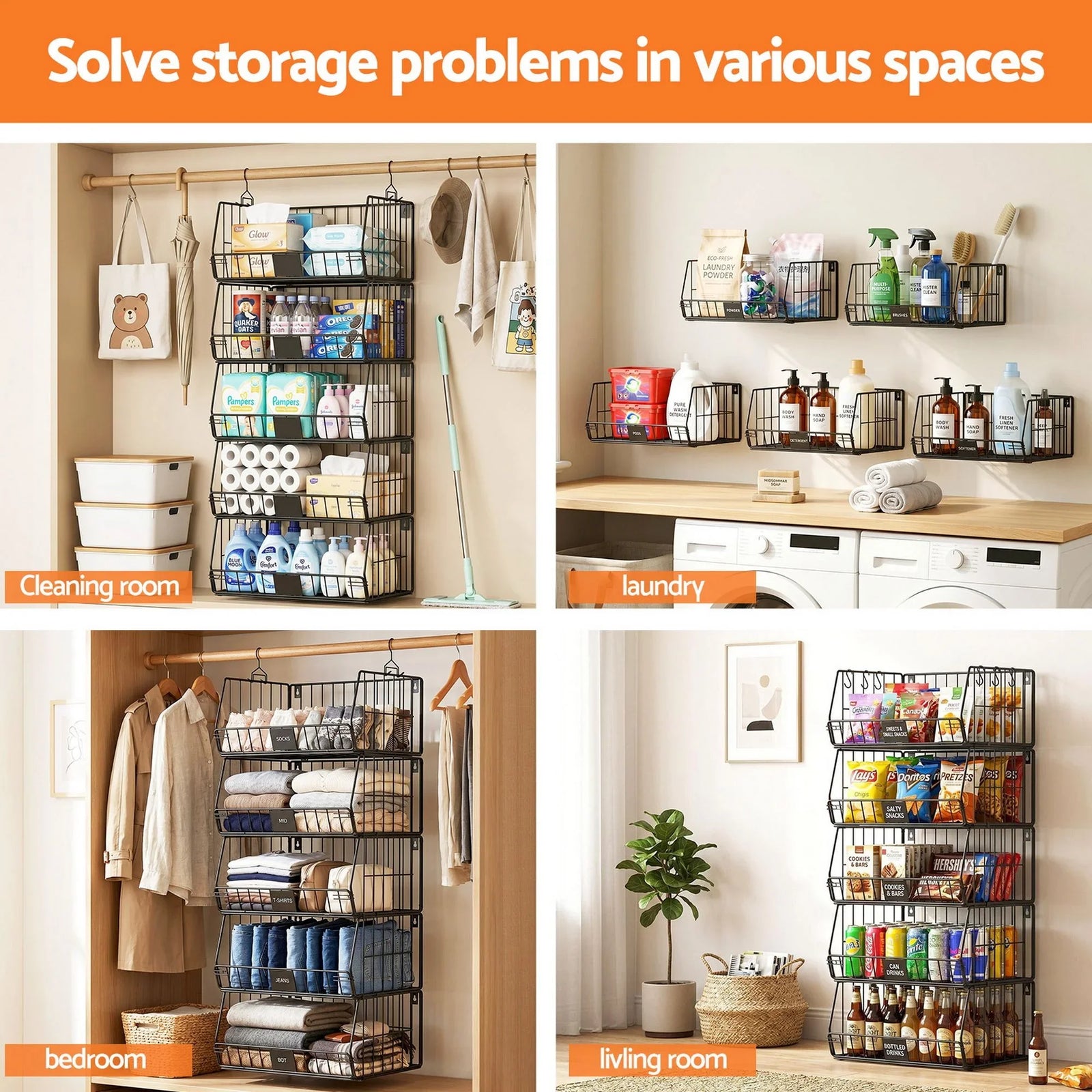 5 Tier Stackable Closet Organizers and Storage Closet Hanging Storage Organizer Shelves