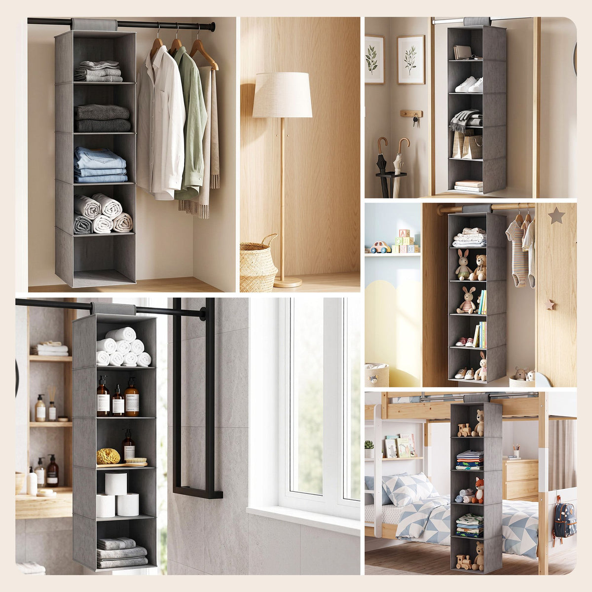 Hanging Closet Organiser 5 Tier Wardrobe Storage Grey 104cm