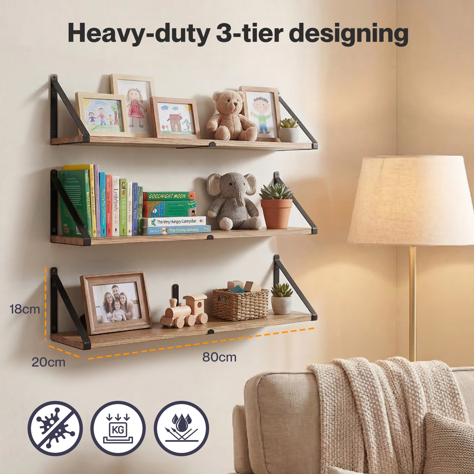 Levede Floating Wall Shelves 3Pcs Rustic Wooden Storage Display Bookshelf Rack-2072893562307088387