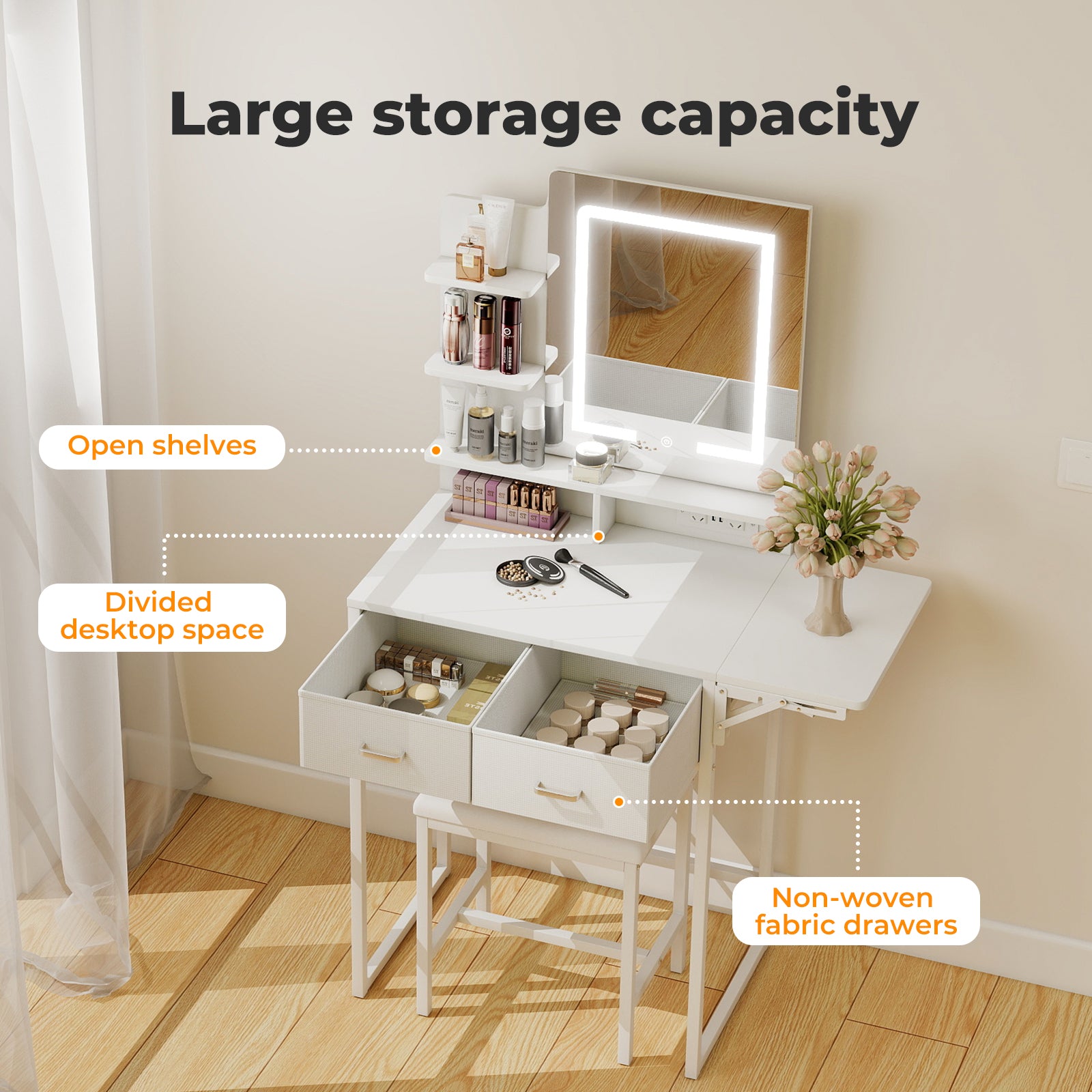 Levede Dressing Table LED Makeup Mirror Stool Set Vanity Desk Fold-up Panel-2027211080345980932