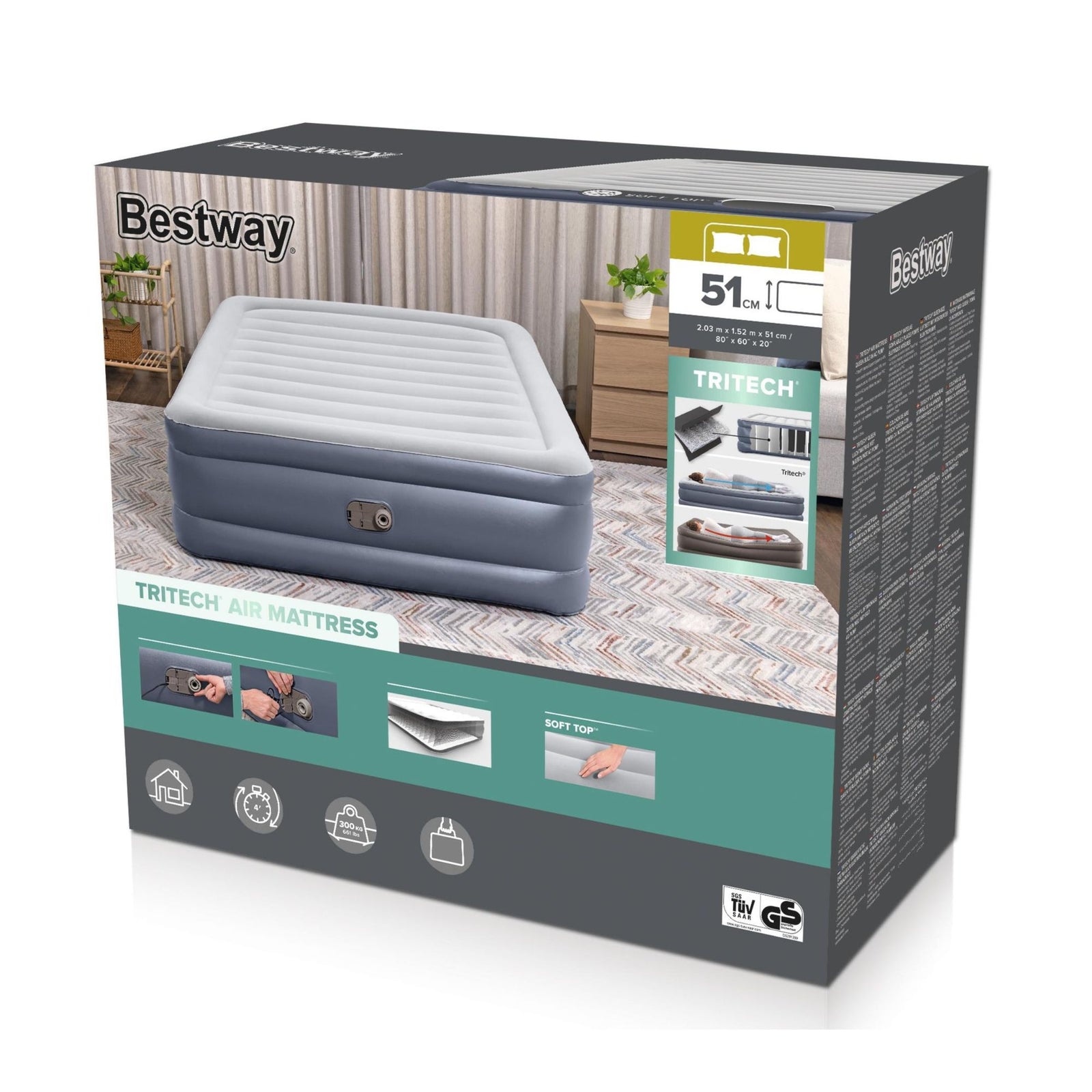 Bestway 203 x 152 x 51cm Tritech Air Mattress Queen Built-in AC Pump-2017004927469096966