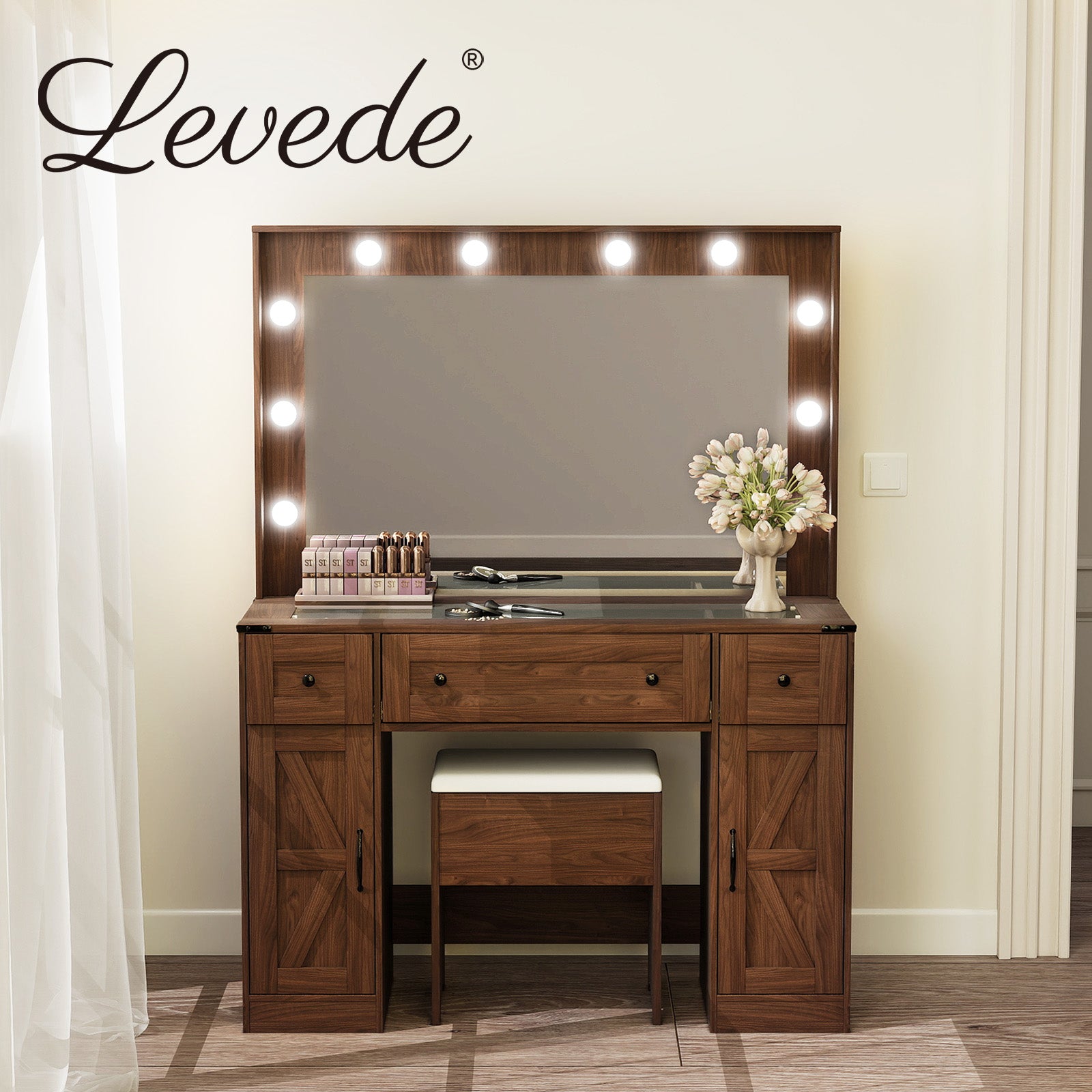 Levede Dressing Table LED Makeup Mirror Stool Set  Vanity Desk Cabinet 3 Drawers-2027211080543113223