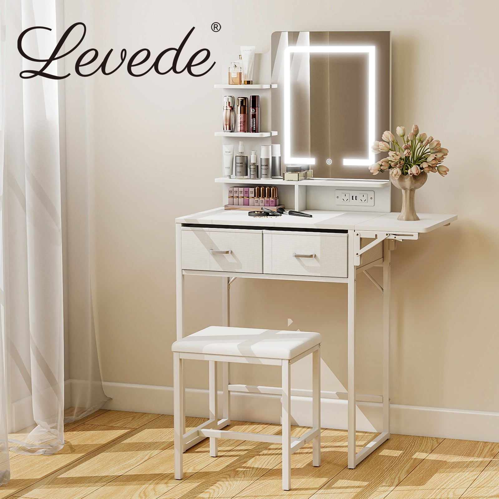 Levede Dressing Table LED Makeup Mirror Stool Set Vanity Desk Fold-up Panel-2027211080345980935