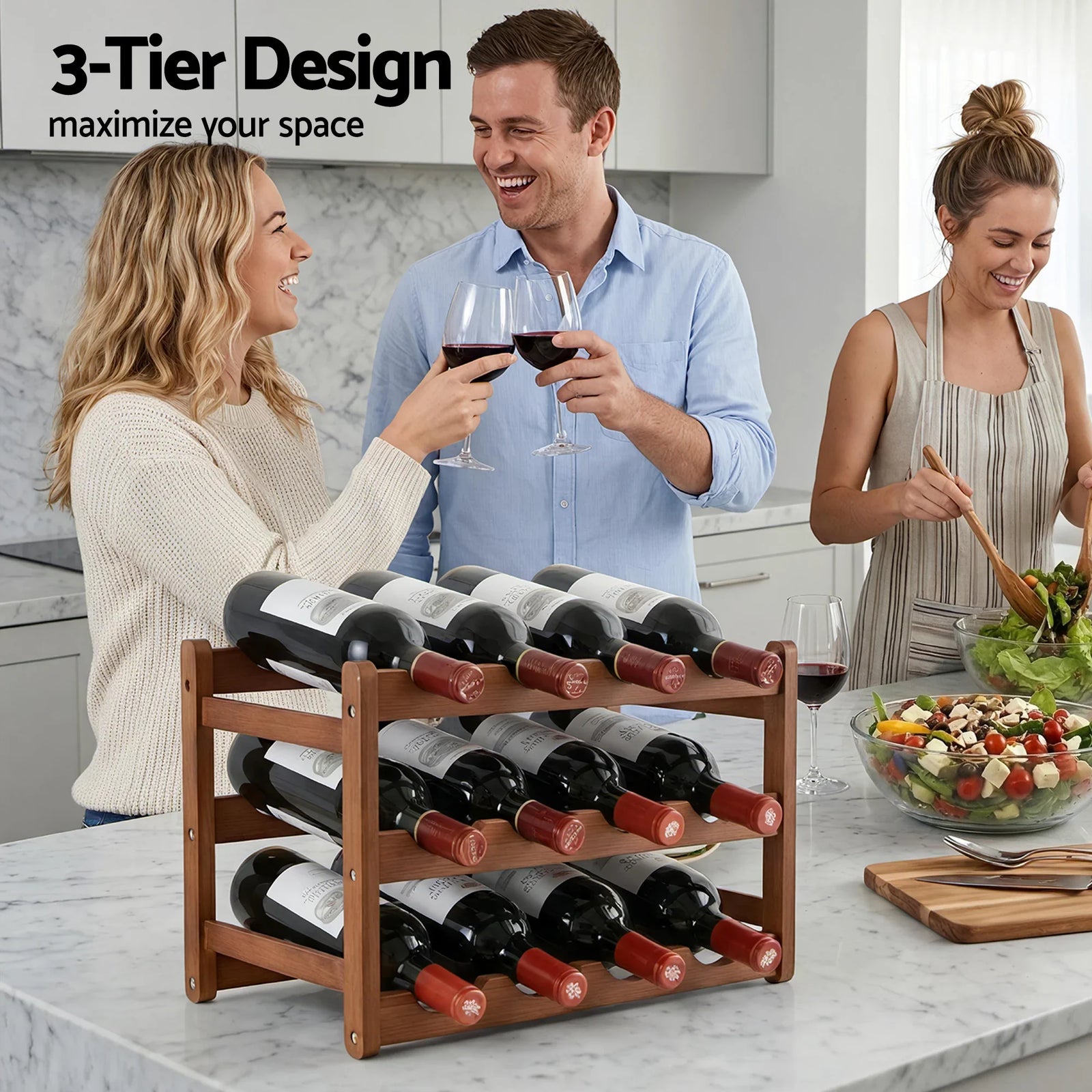 Bamboo Wine Rack 3-Tier Display Storage Organizer 12 Bottle Walnut