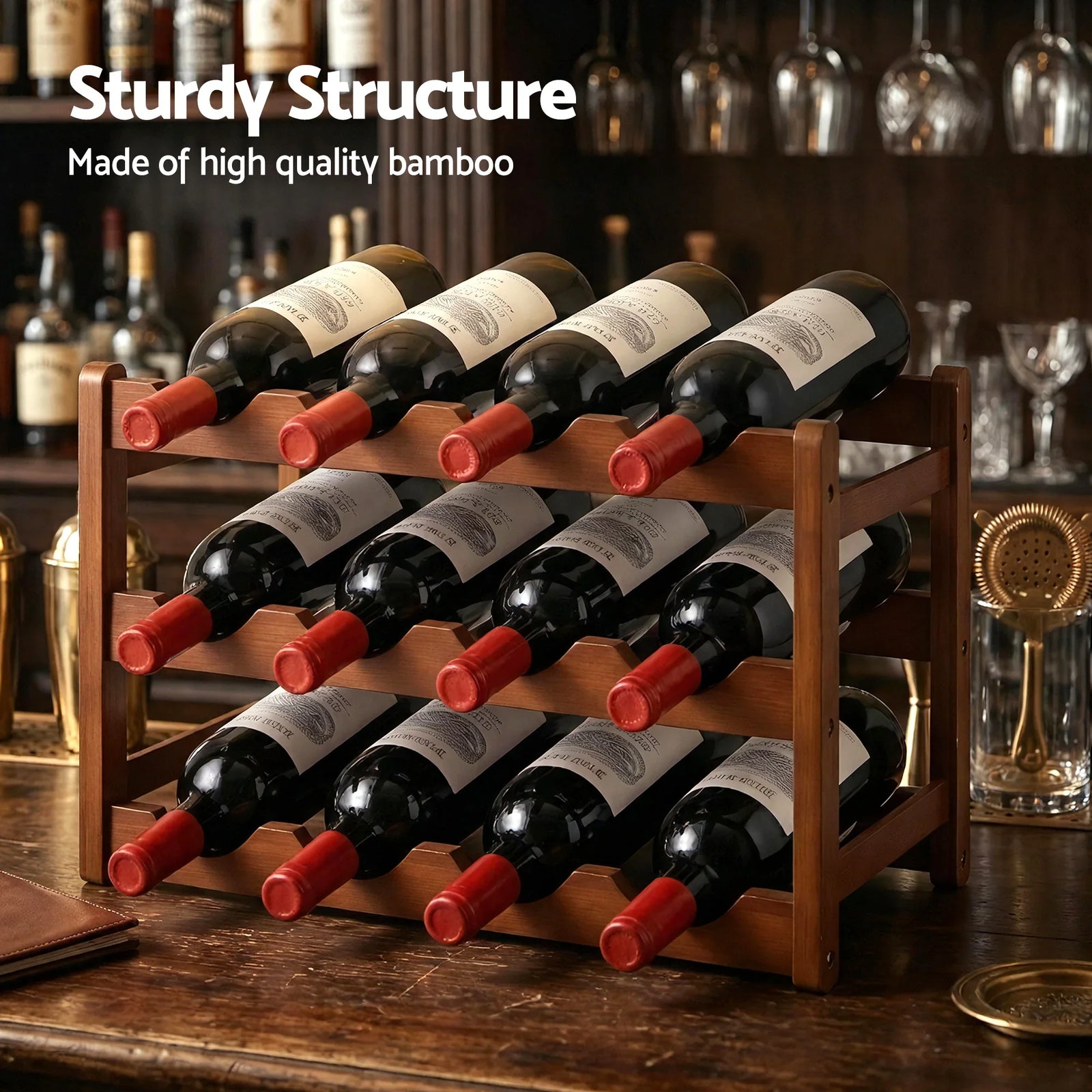 Bamboo Wine Rack 3-Tier Display Storage Organizer 12 Bottle Walnut