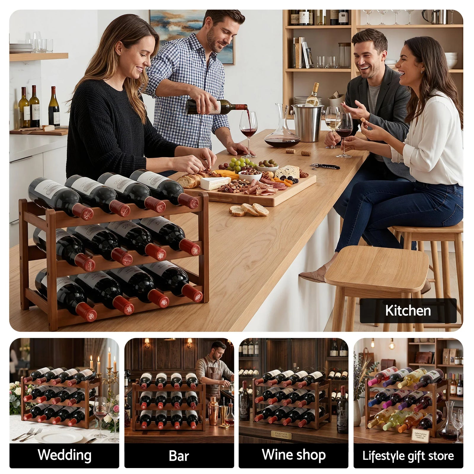 Bamboo Wine Rack 3-Tier Display Storage Organizer 12 Bottle Walnut