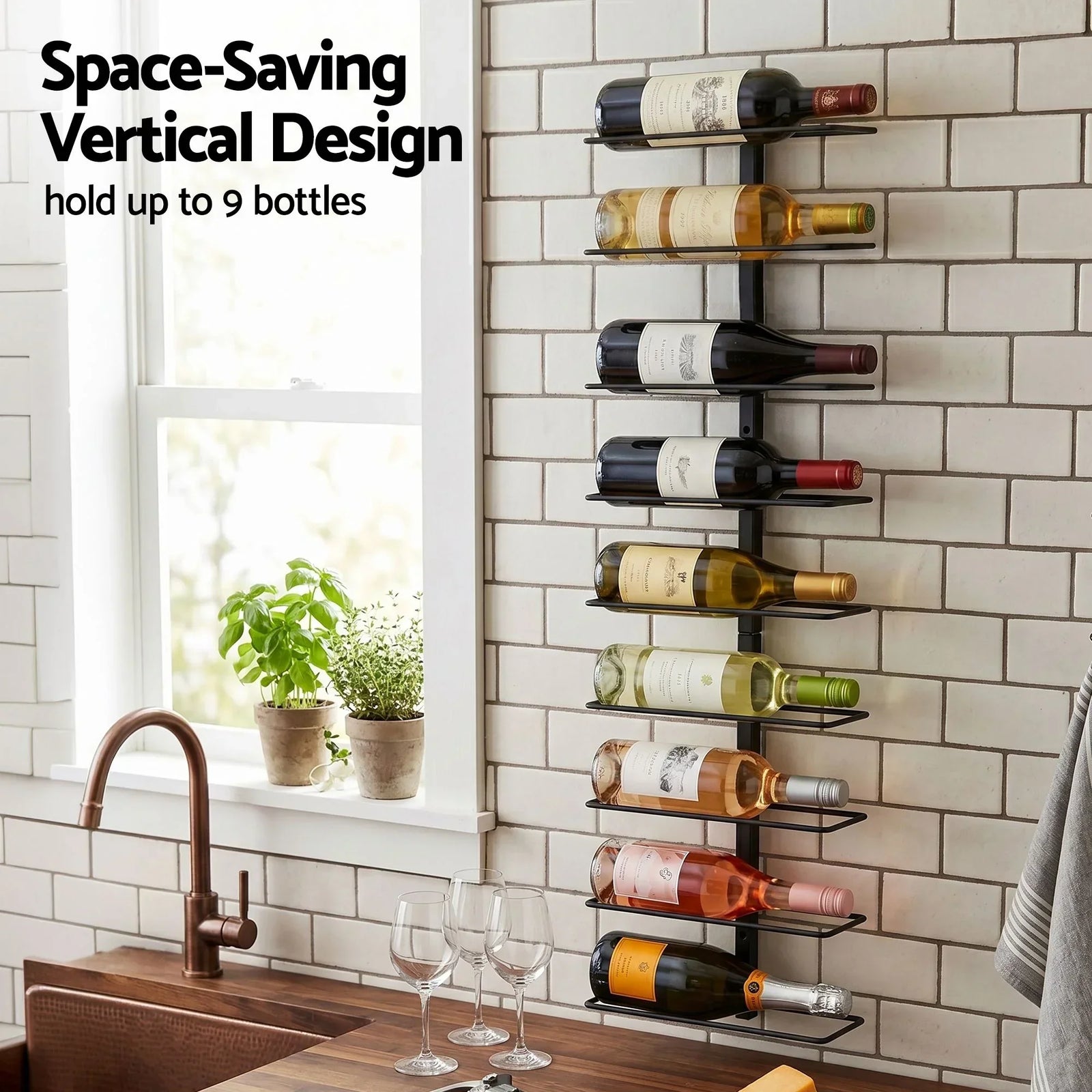 Artiss Wall Mounted Wine Rack – 9‑Bottle Metal Storage, Black, Space‑Saving