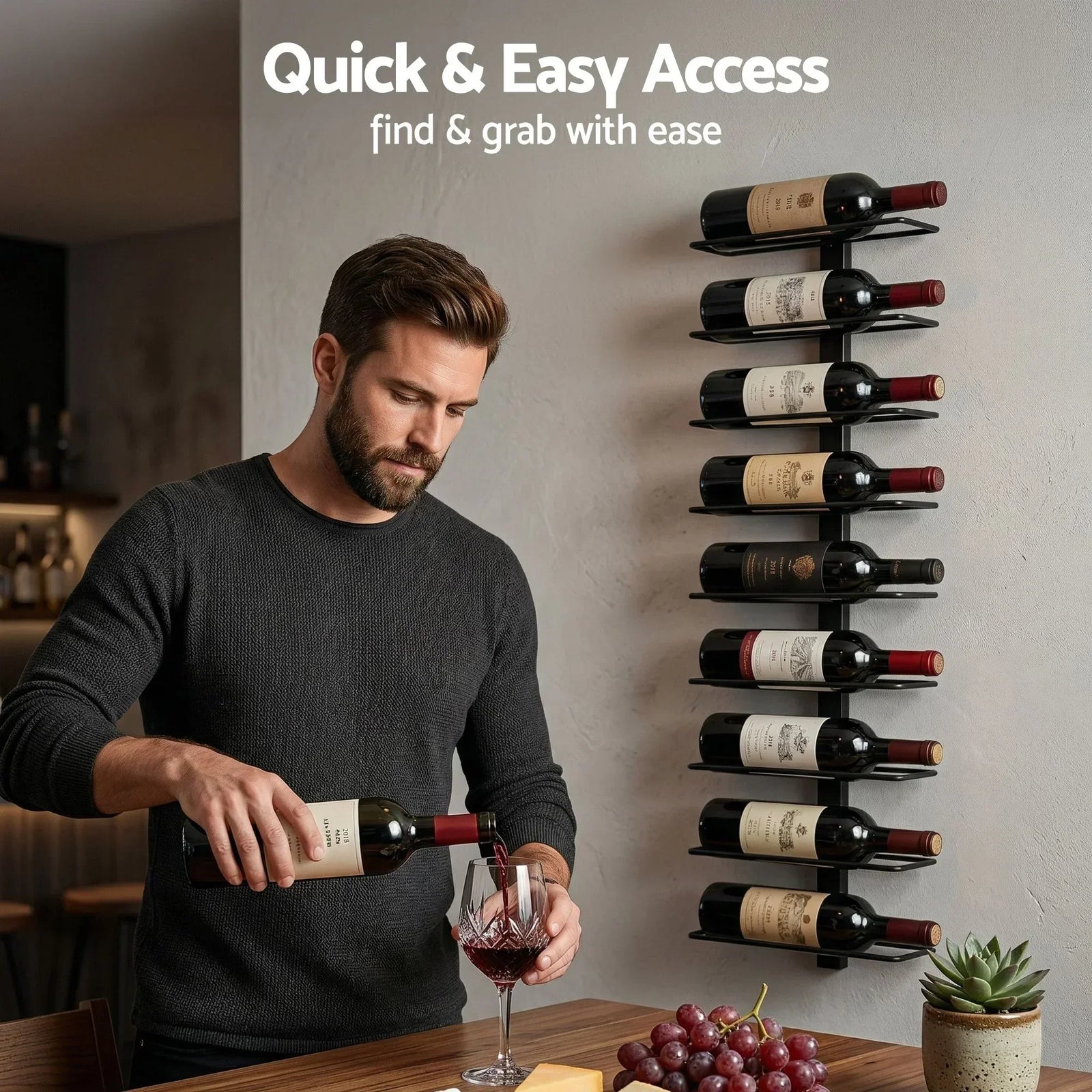 Artiss Wall Mounted Wine Rack – 9‑Bottle Metal Storage, Black, Space‑Saving