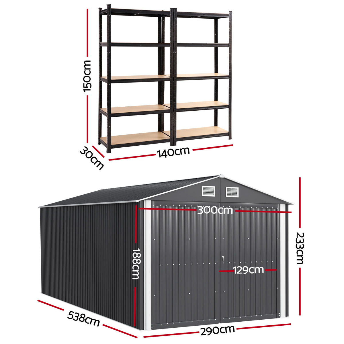 Giantz Garden Shed 3x5.38m Outdoor Tool Storage 2X 5-Tier Garage Shelving Rack