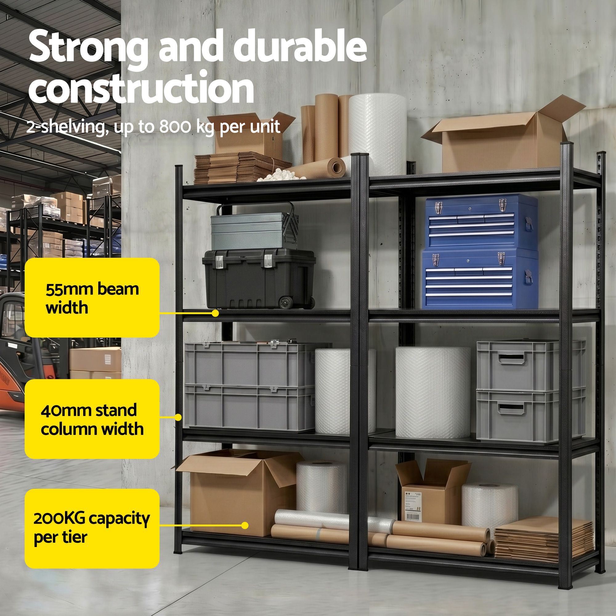Garage Shelving 2‑Pack – 4‑Tier Steel Racks, 200kg/Tier, 180×40×180cm