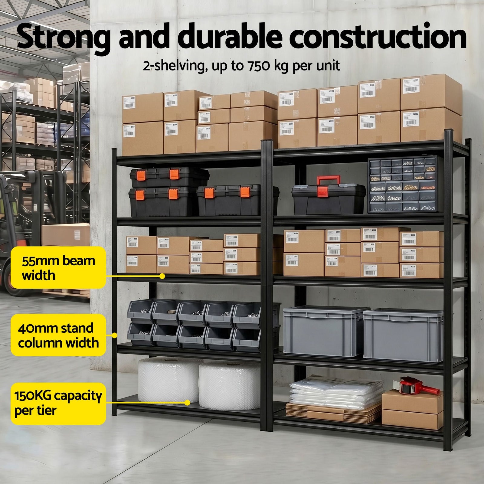 Garage Shelving 2‑Pack – 5‑Tier Steel Racks, 150kg/Tier, 120×50×183cm