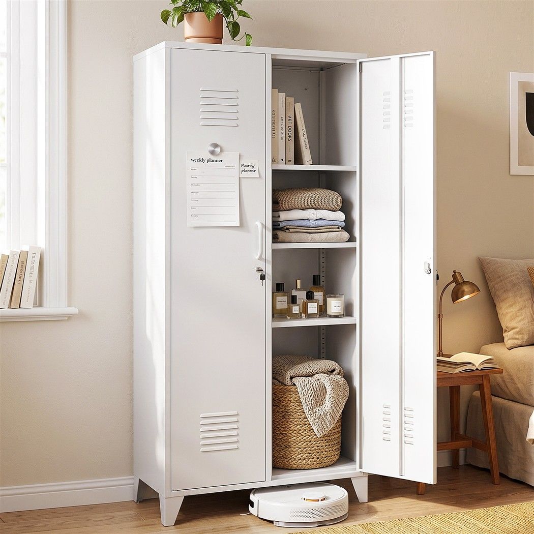 2-Door Wardrobe Lockable Cabinet Storage Closet Hanging Rail Cream White