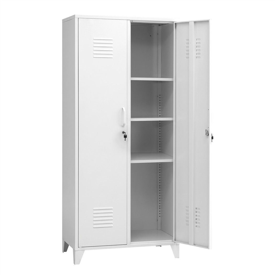 2-Door Wardrobe Lockable Cabinet Storage Closet Hanging Rail Cream White