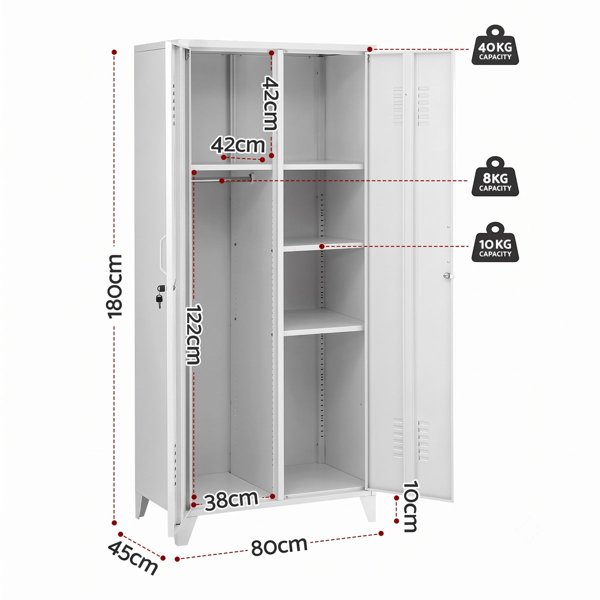 2-Door Wardrobe Lockable Cabinet Storage Closet Hanging Rail Cream White