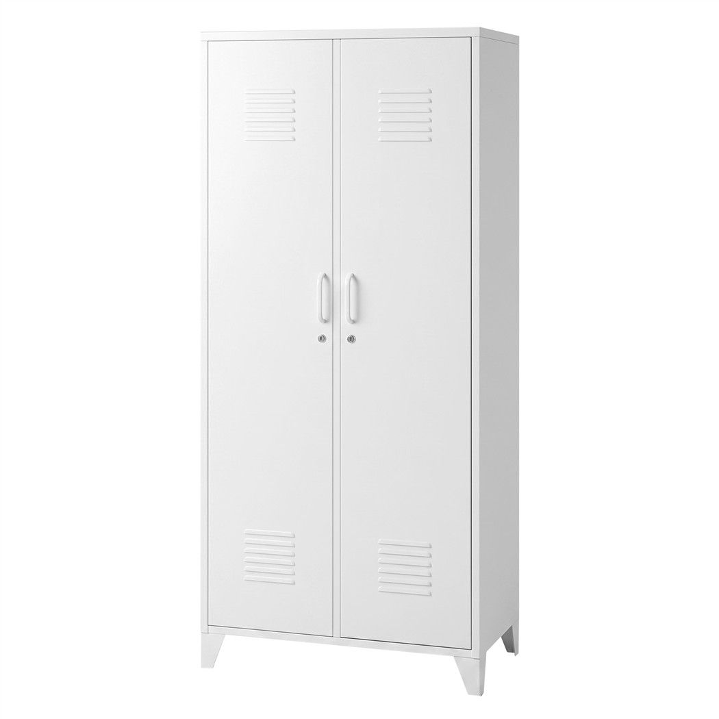 2-Door Wardrobe Lockable Cabinet Storage Closet Hanging Rail Cream White