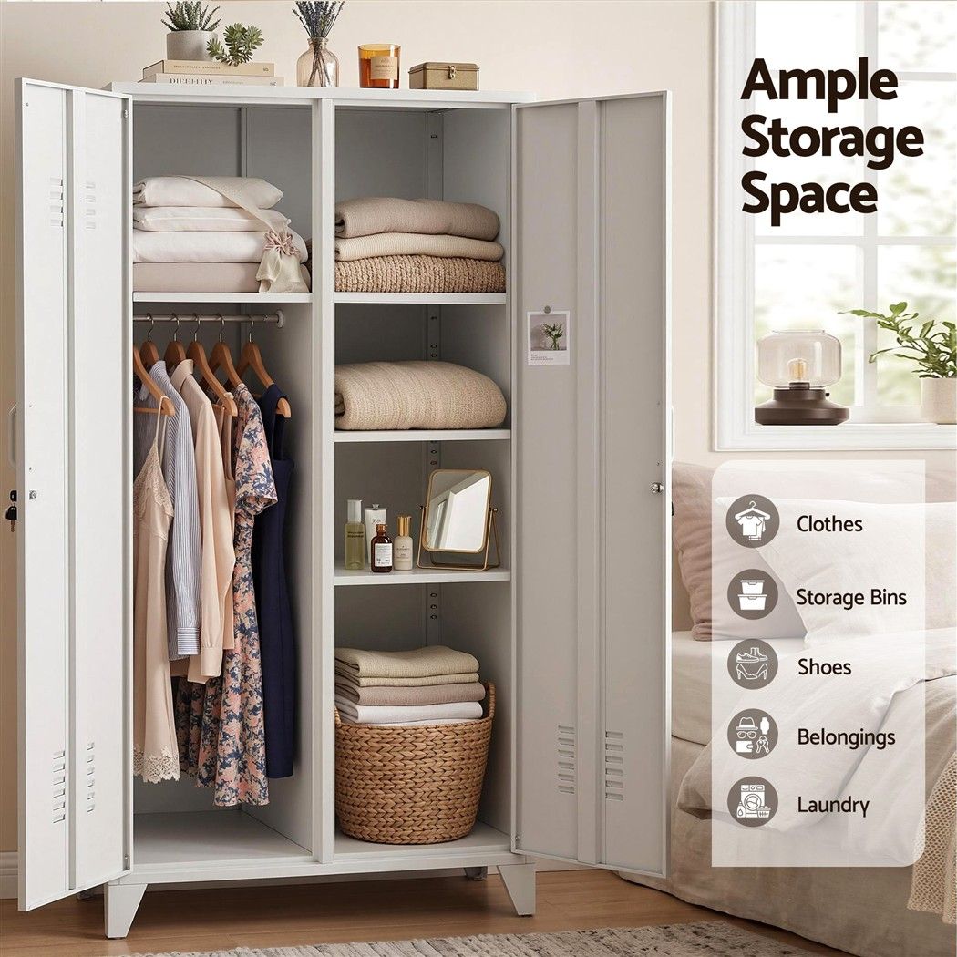 2-Door Wardrobe Lockable Cabinet Storage Closet Hanging Rail Cream White