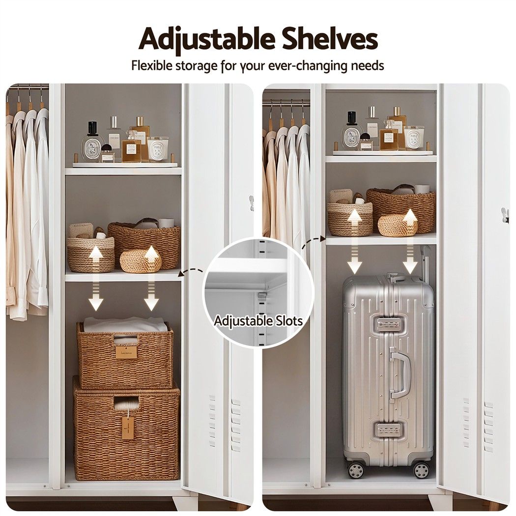 2-Door Wardrobe Lockable Cabinet Storage Closet Hanging Rail Cream White