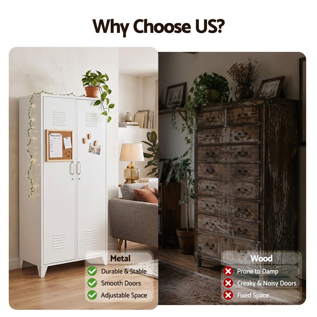2-Door Wardrobe Lockable Cabinet Storage Closet Hanging Rail Cream White