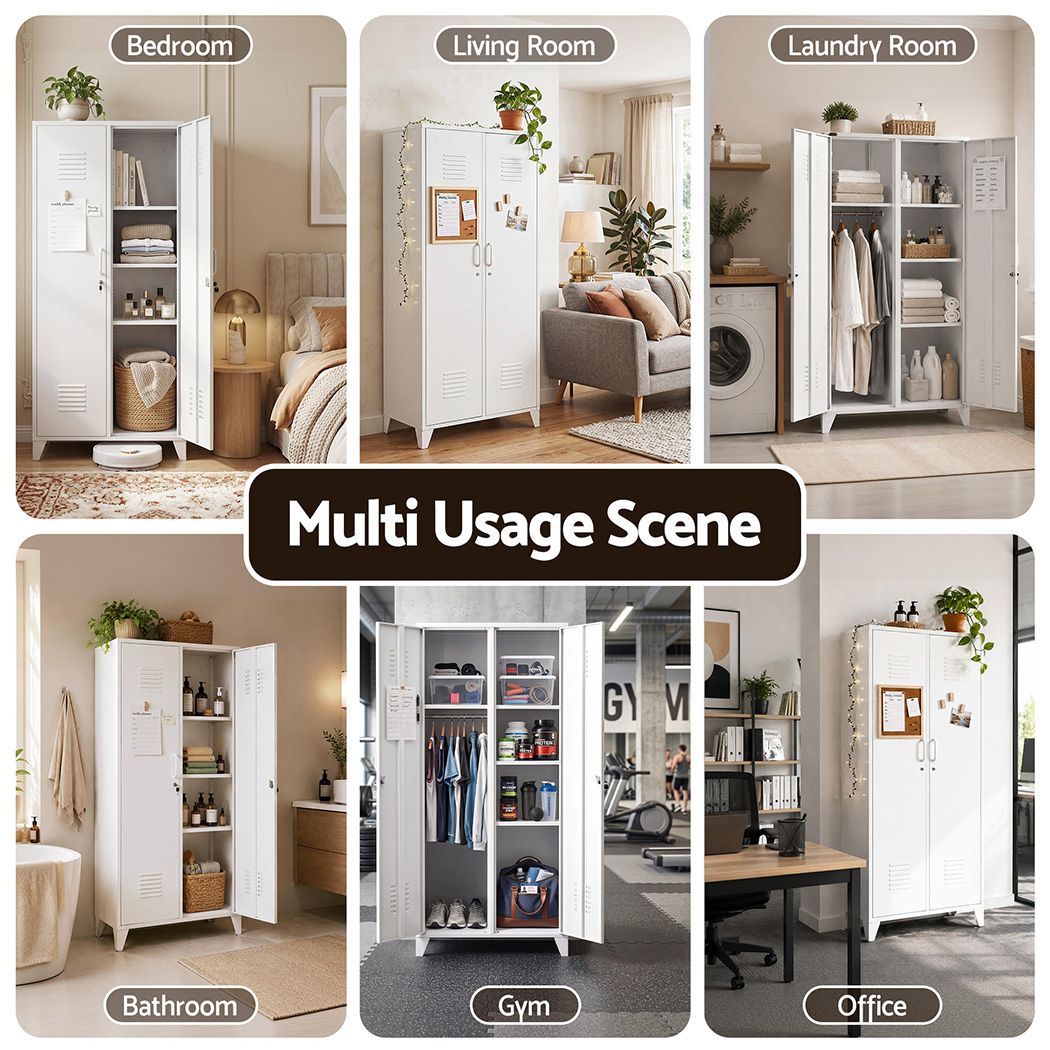 2-Door Wardrobe Lockable Cabinet Storage Closet Hanging Rail Cream White