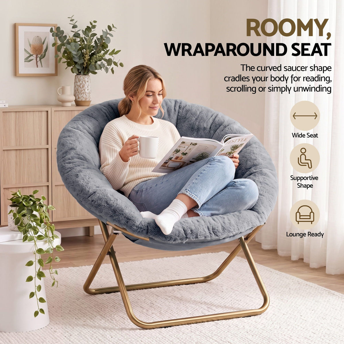 Artiss Cozy Saucer Chair Soft Faux Fur Folding Accent Chair for Bedroom Grey