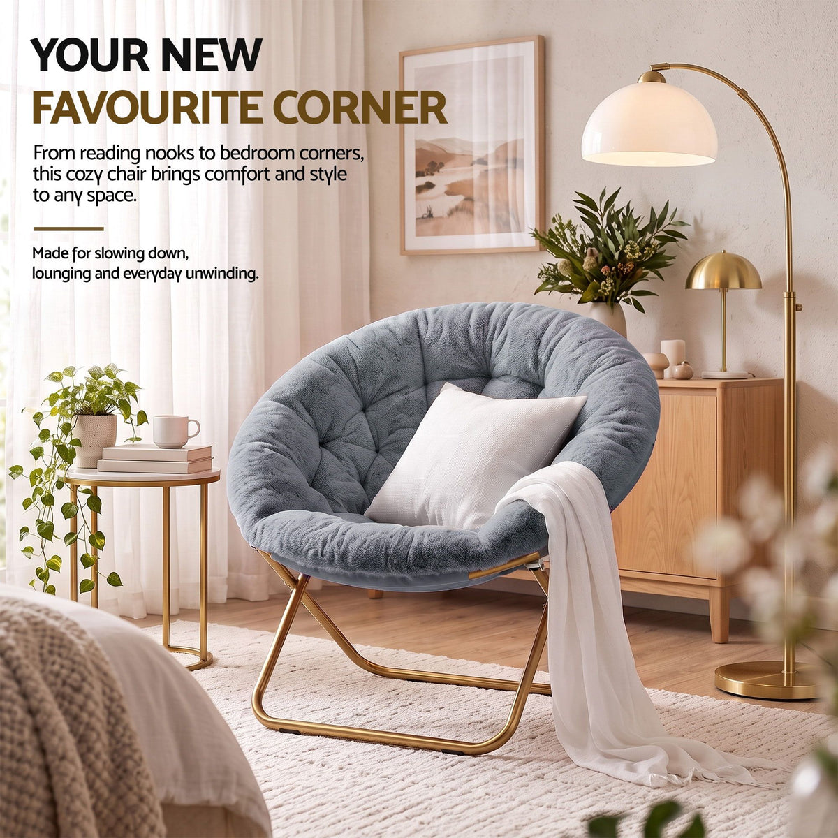 Artiss Cozy Saucer Chair Soft Faux Fur Folding Accent Chair for Bedroom Grey