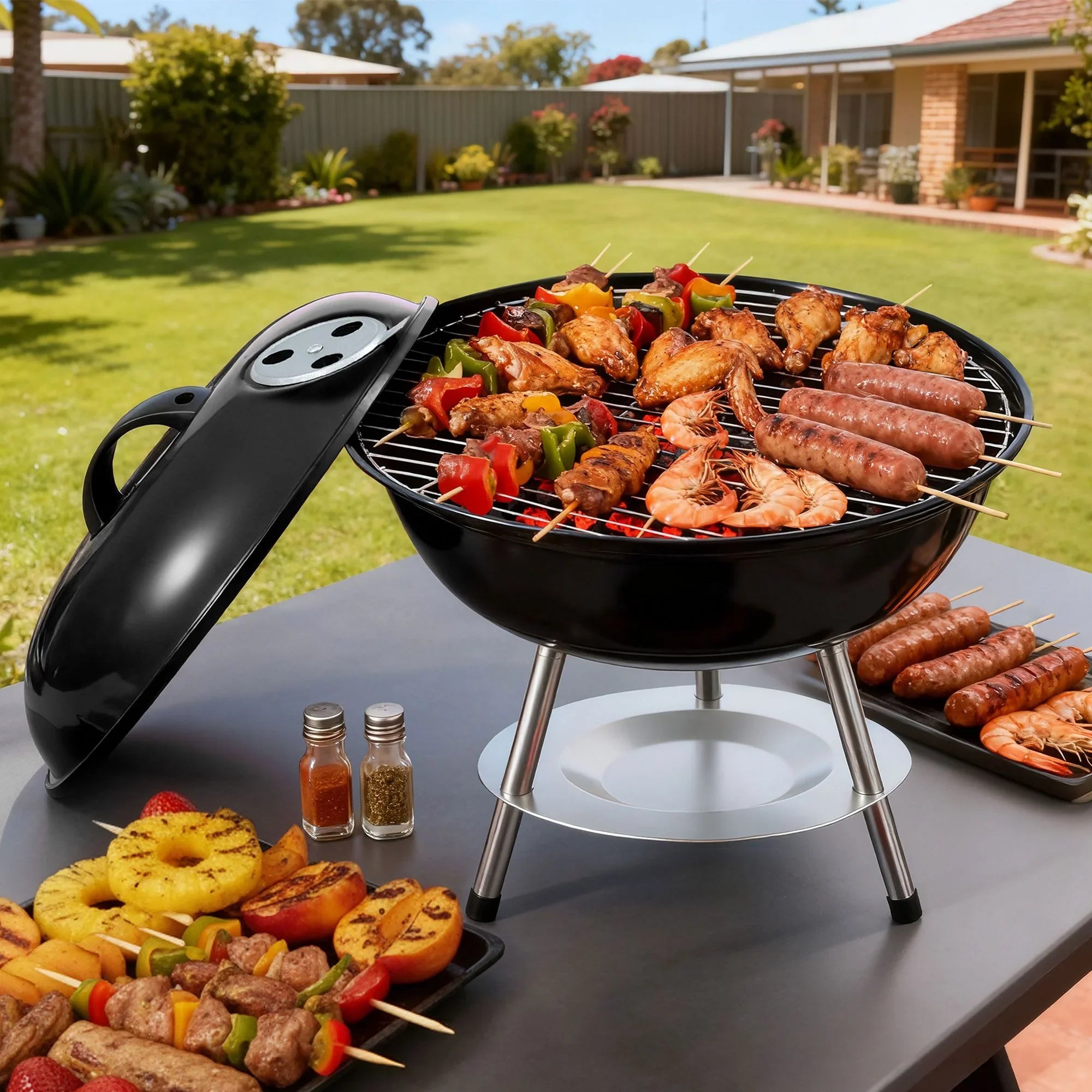 Compact Charcoal Grill – 34cm Stainless Steel BBQ, Portable, Black