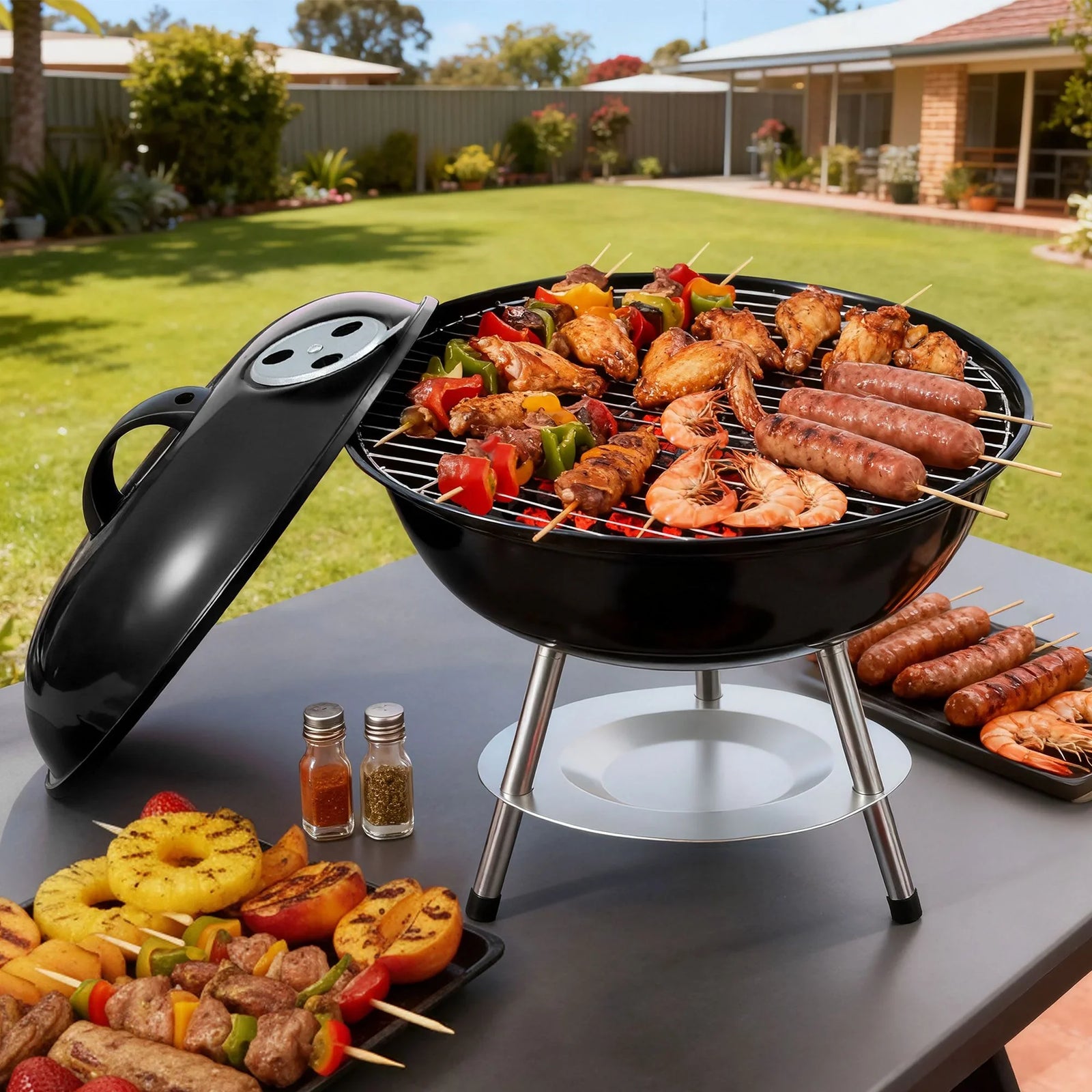 Compact Charcoal Grill – 34cm Stainless Steel BBQ, Portable, Black