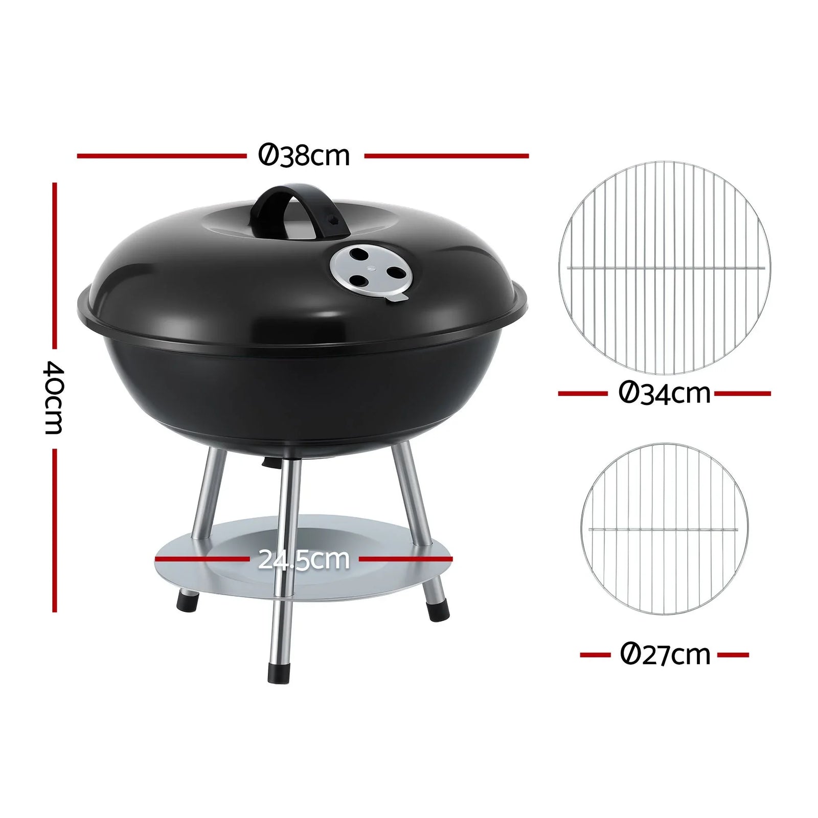 Compact Charcoal Grill – 34cm Stainless Steel BBQ, Portable, Black
