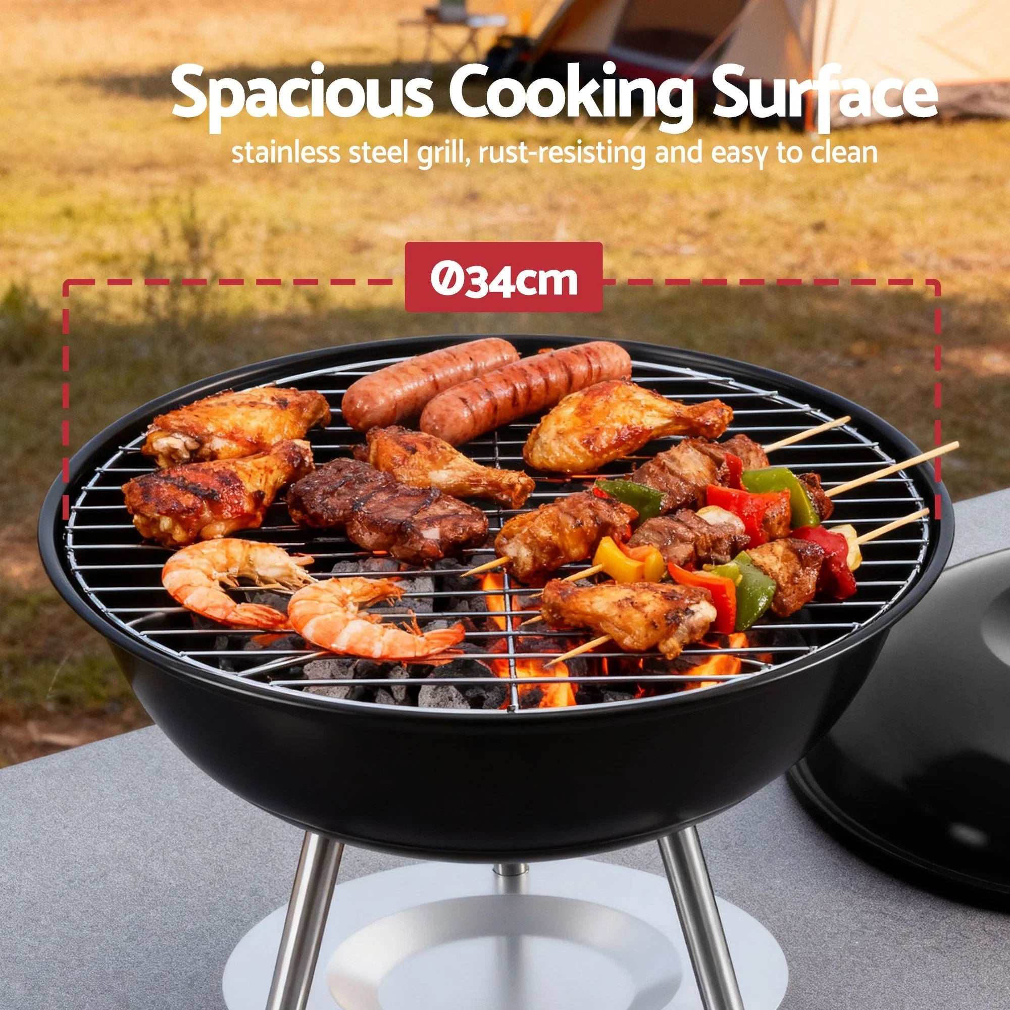 Compact Charcoal Grill – 34cm Stainless Steel BBQ, Portable, Black