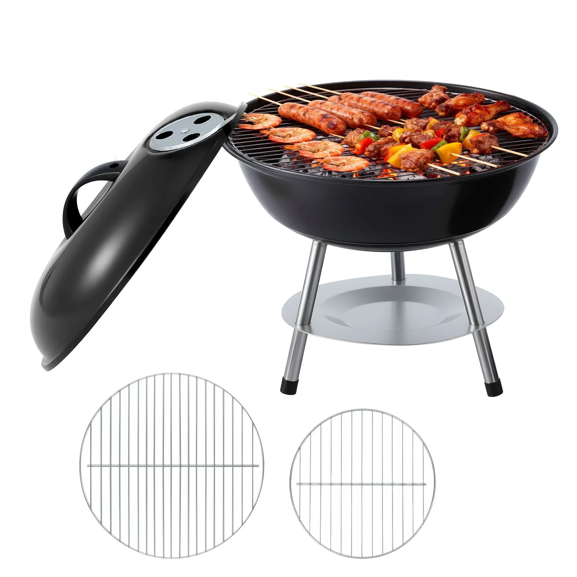 Compact Charcoal Grill – 34cm Stainless Steel BBQ, Portable, Black