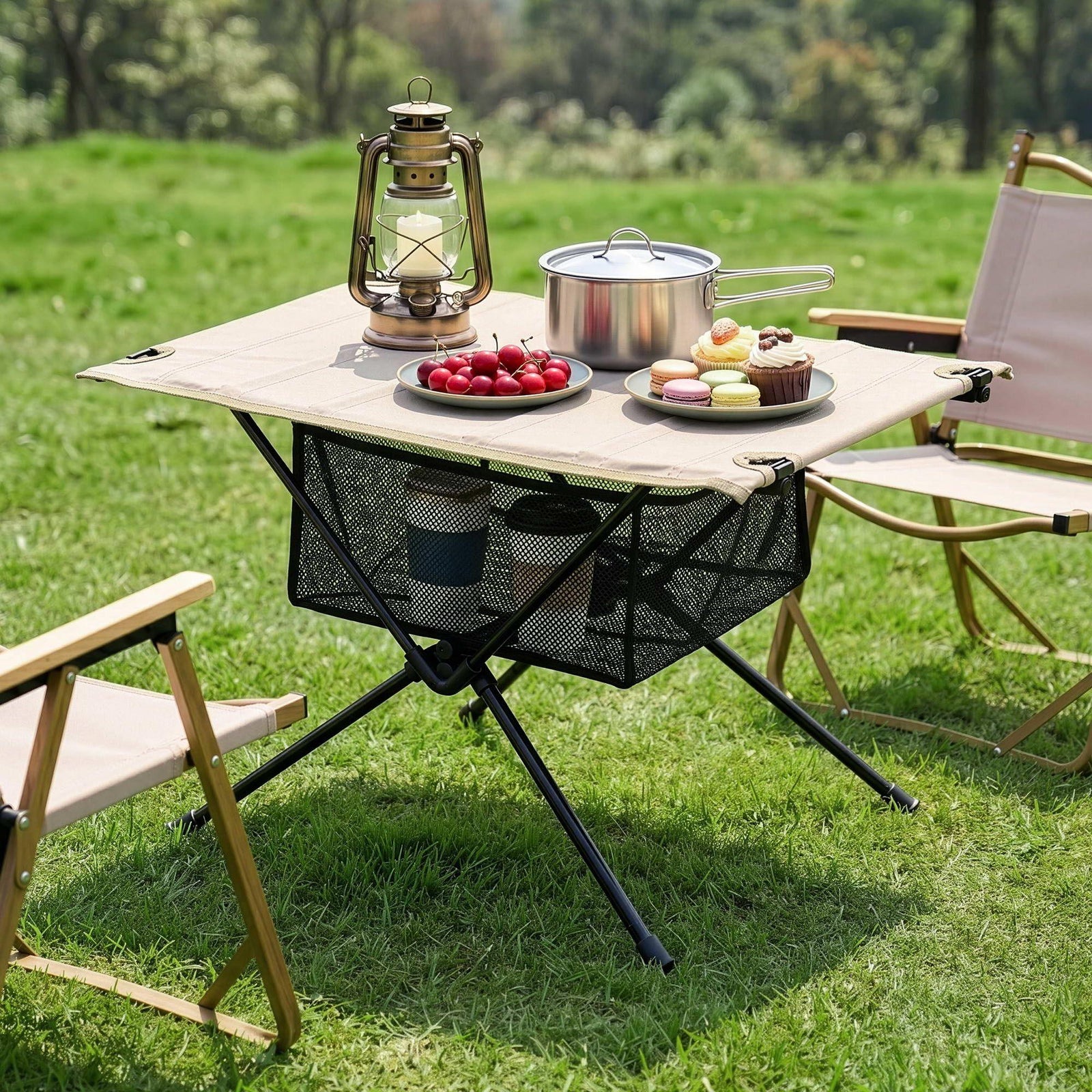Folding Camping Table – 600D Waterproof Top, Metal Legs, Storage Net, Portable