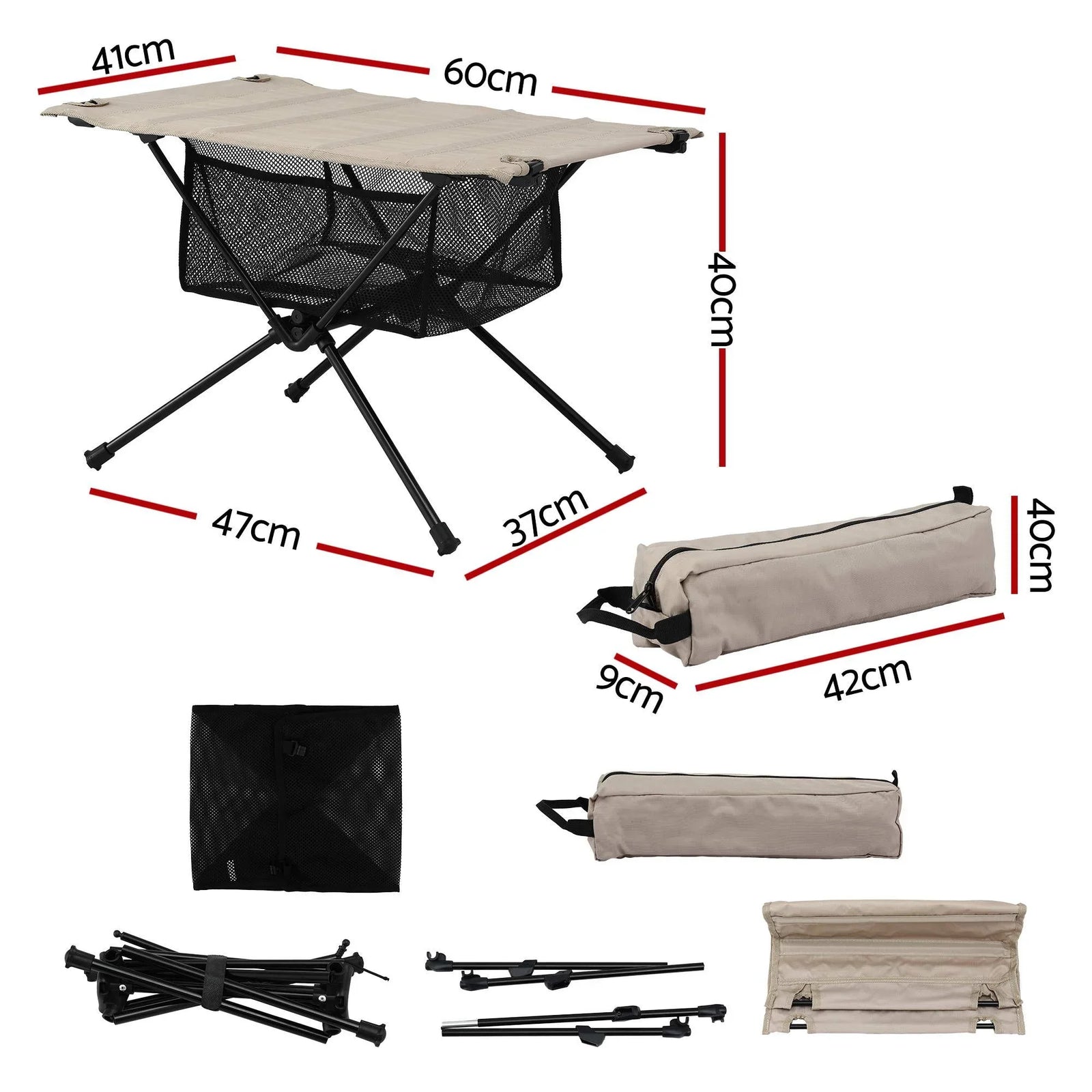 Folding Camping Table – 600D Waterproof Top, Metal Legs, Storage Net, Portable