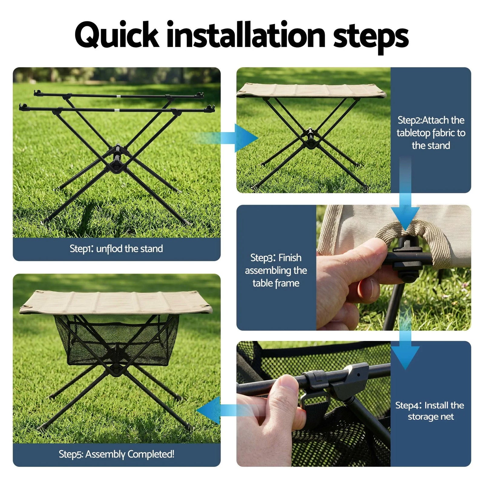 Folding Camping Table – 600D Waterproof Top, Metal Legs, Storage Net, Portable