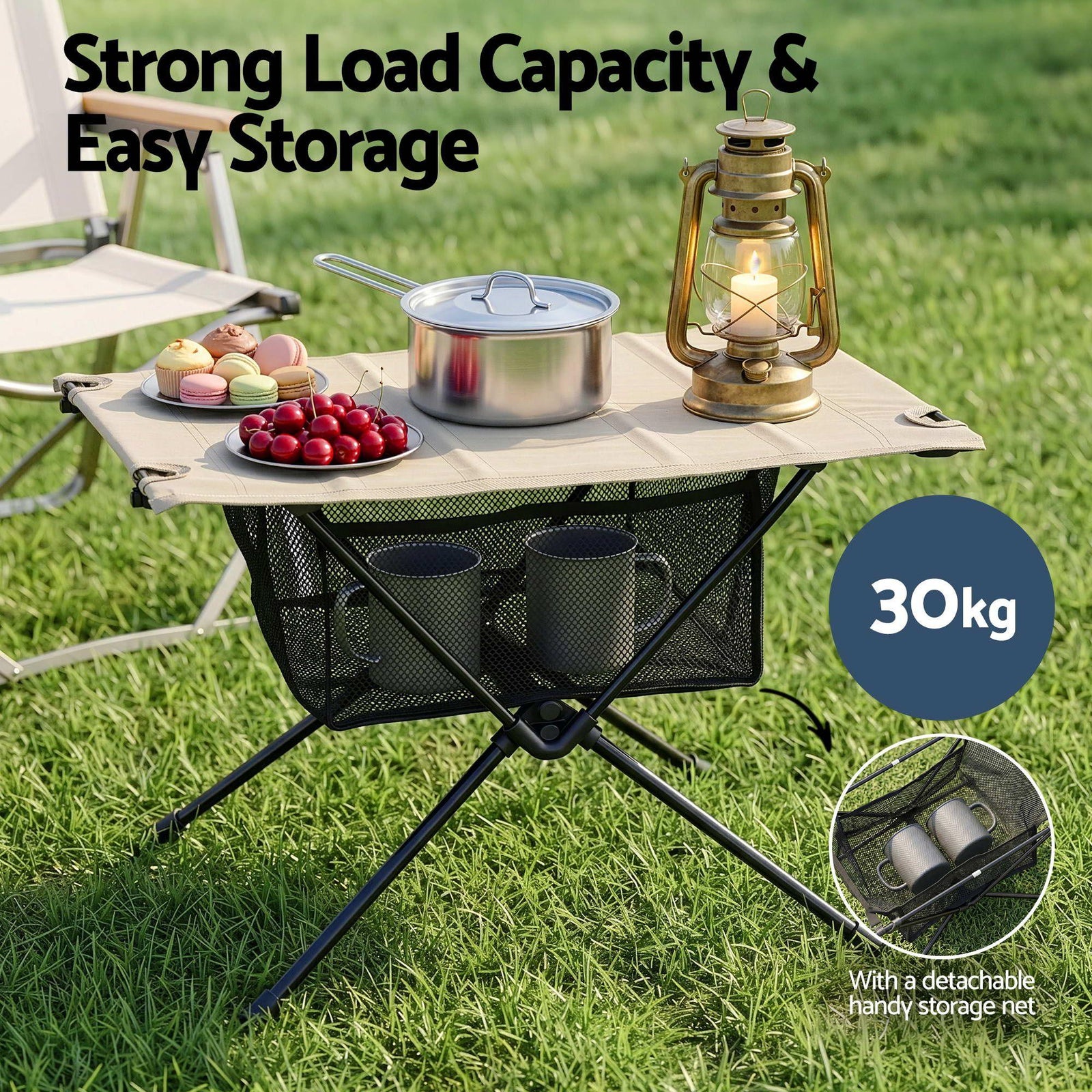 Folding Camping Table – 600D Waterproof Top, Metal Legs, Storage Net, Portable