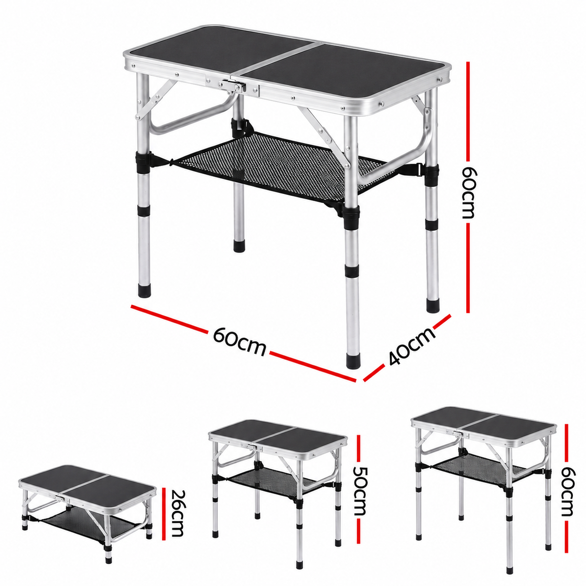 Weisshorn Folding Camping Table Adjustable Aluminium 60 x 40 cm Black