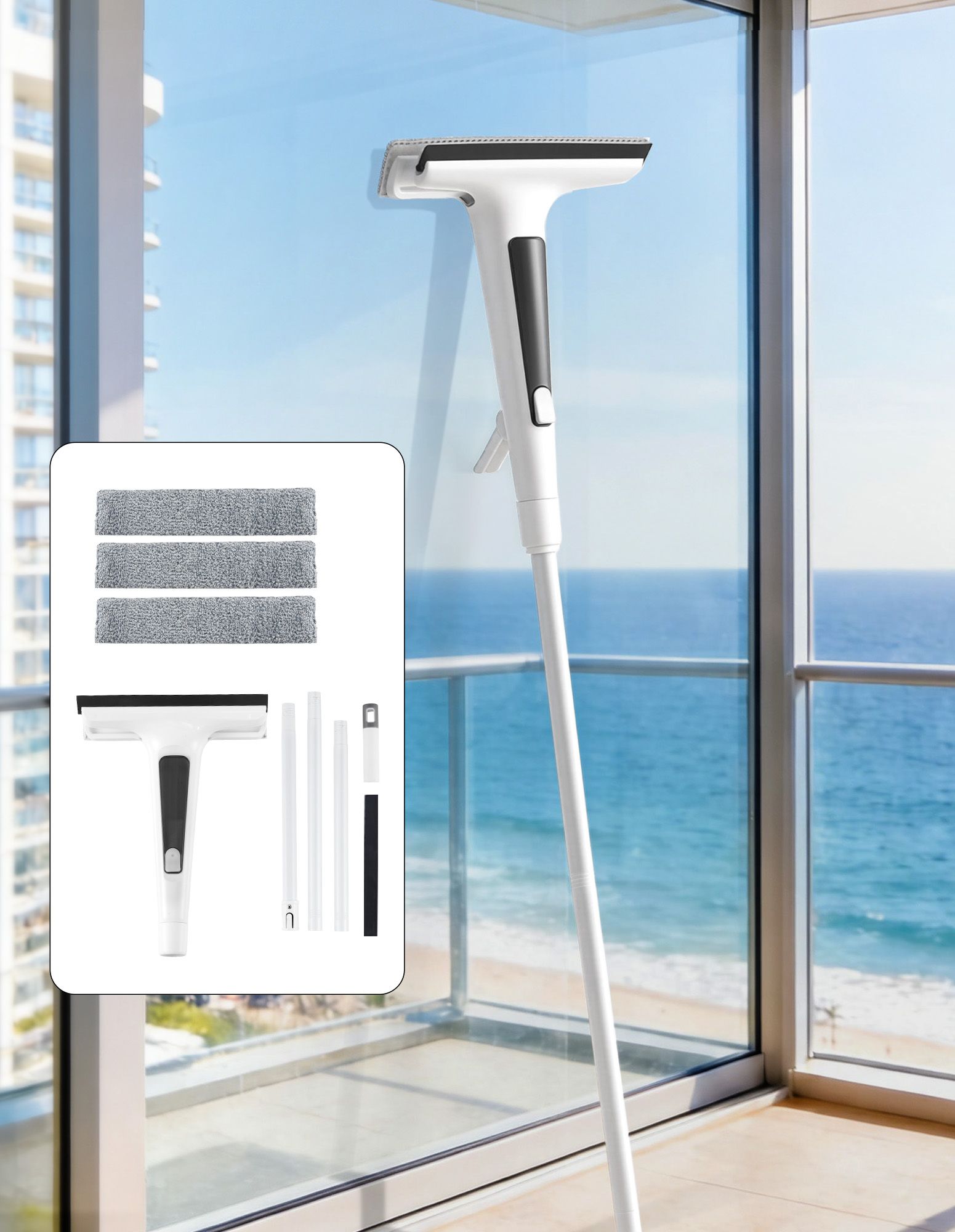 2‑in‑1 Window Cleaner – Spray Head, Microfiber Pads, Extendable 104–136cm