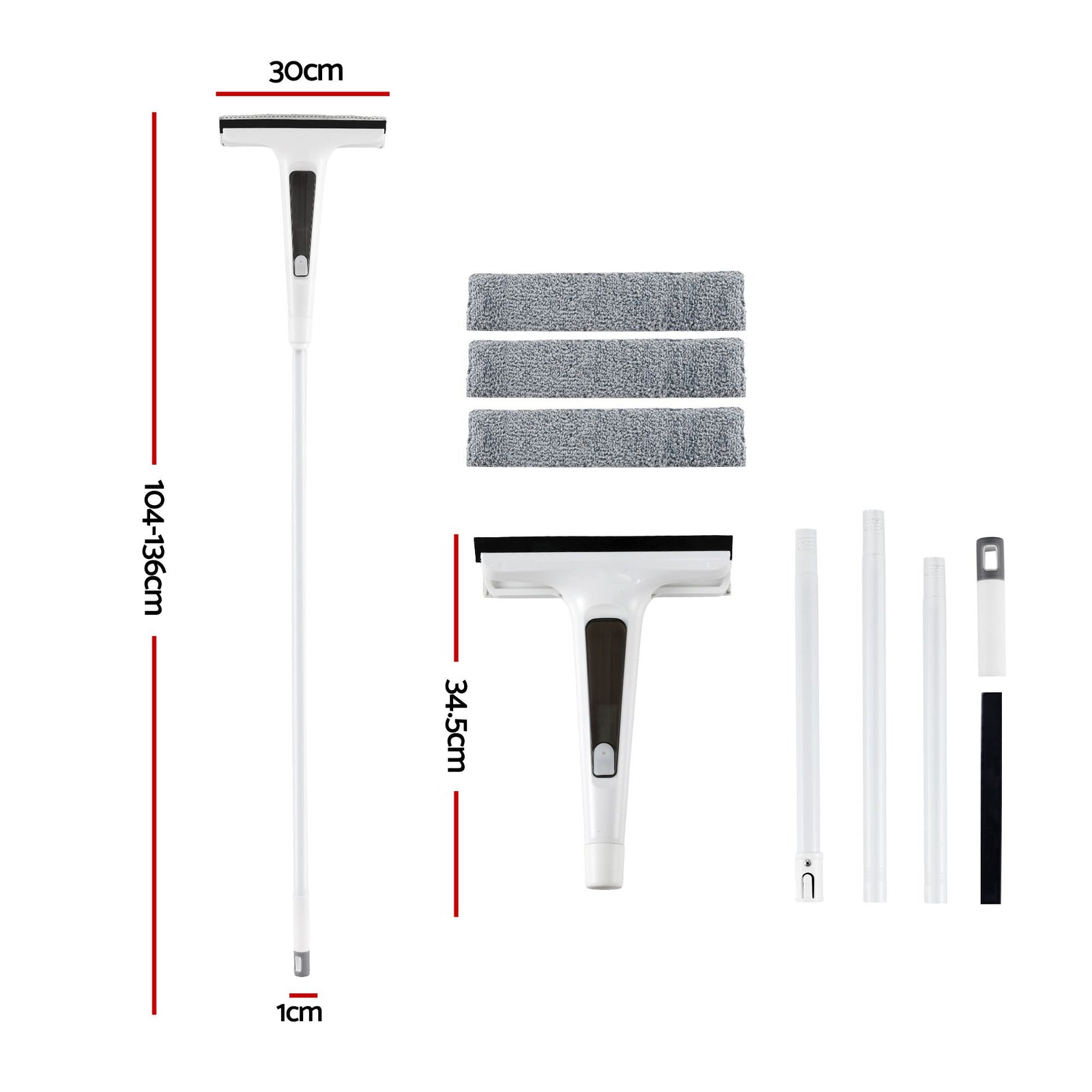 2‑in‑1 Window Cleaner – Spray Head, Microfiber Pads, Extendable 104–136cm