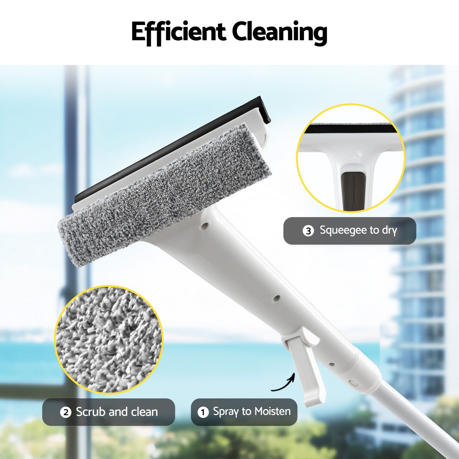 2‑in‑1 Window Cleaner – Spray Head, Microfiber Pads, Extendable 104–136cm